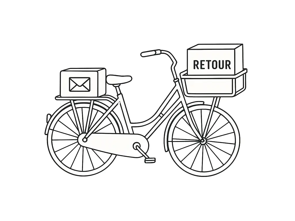 Zwart-witte lijntekening van een postfiets met een retourpakket en het Schryft-logo op de voorbak, als symbool voor retourneren via Schryft.