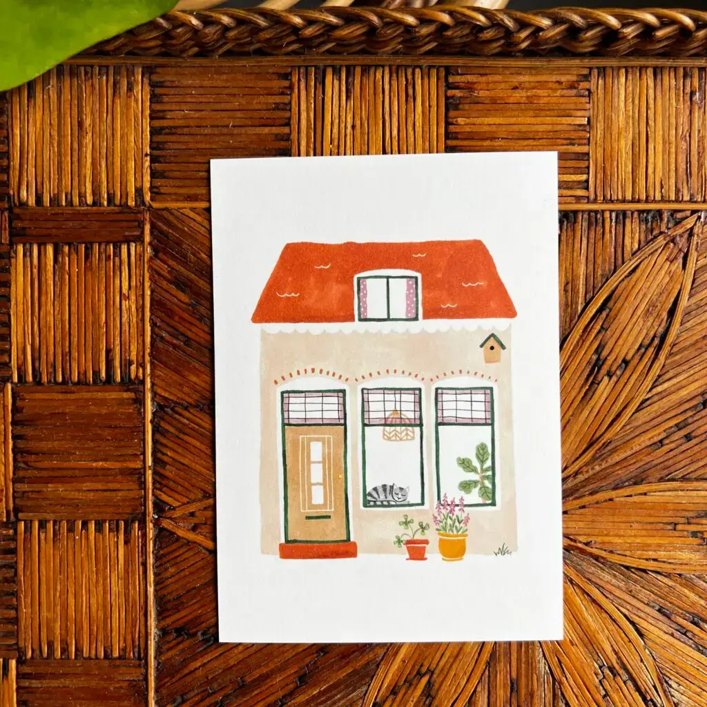 Handgetekend illustratief huisje in warme kleuren